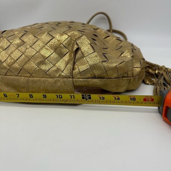 Gold Metallic Genuine Suede Boho Hobo Shoulder Bag w/ Tassels and Woven Leather - Picture 5 of 11